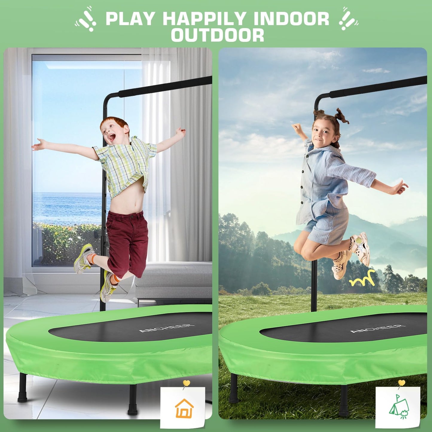 ANCHEER Foldable Trampoline, Mini Rebounder Trampoline with Adjustable Handle, Exercise Trampoline for Indoor/Garden/Workout Cardio, Parent-Child Twins Trampoline Max Load 220lbs (Training Green)