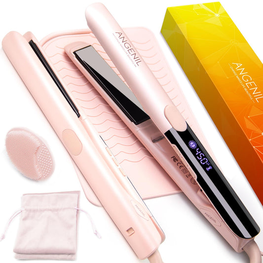 ANGENIL Pro Titanium Flat Iron Hair Straightener and Curler 2 in 1, Round Pink Dual Voltage Hair Straightener Irons with Heat Resistant Silicone Mat Hot Tools, Large LCD Display, 20S Fast Heating