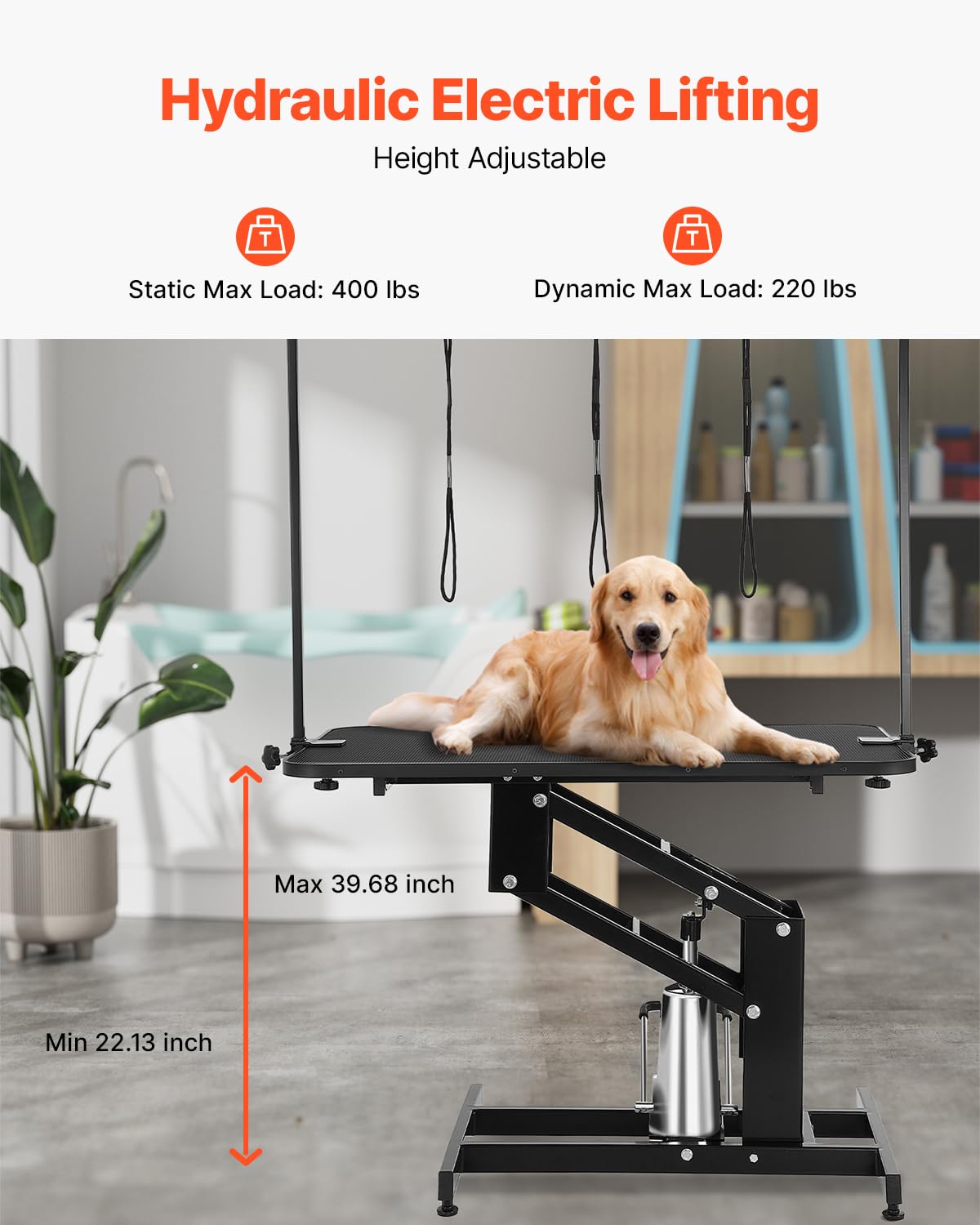 VEVOR Hydraulic Pet Grooming Table, 400LBS Static Load Capacity, 42.5 x 24 Inch Dog Grooming Station with Anti-Slip Tabletop and Dual Height Adjustable Arms with Clamps, for Medium and Small Dogs