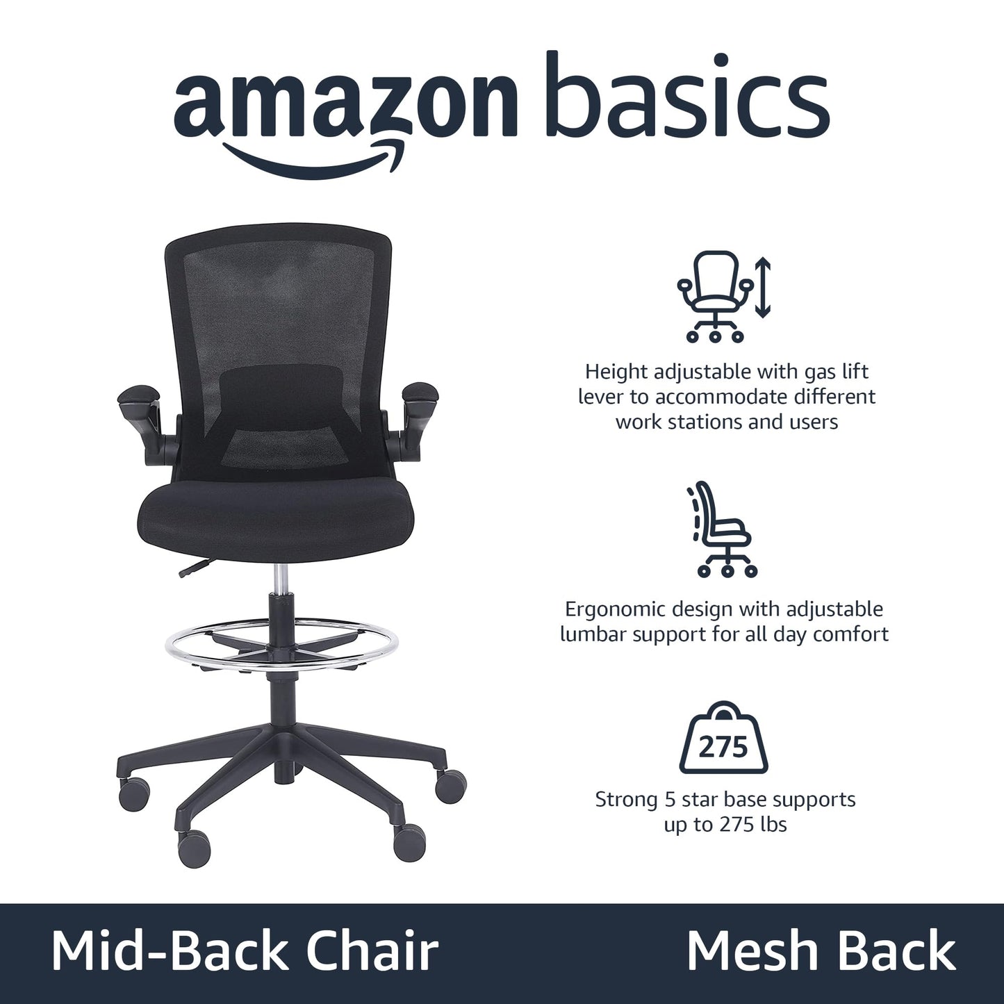 Amazon Basics Mid-Back Mesh Office Drafting Chair Stool with Adjustable Footrest, Flip-Up Arms, Black