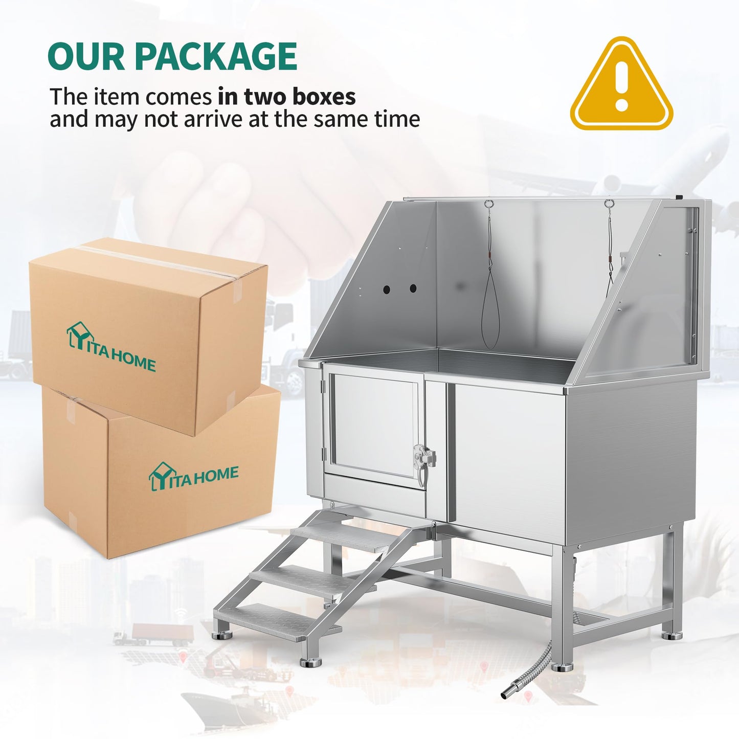 YITAHOME Dog Bathing Station, Professional Stainless Steel 304 Dog Grooming Bathtub w/Left Stairs, Faucet, Floor Grate, 50in Pet Washing Station for Large, Medium, Small Pets