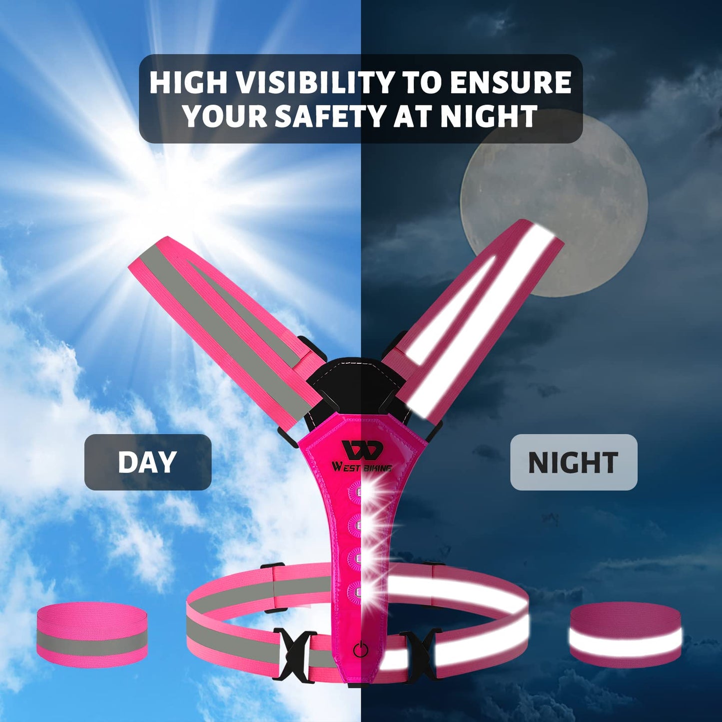 West Biking Running Vest Light - Led Running Reflective Gear for Walking at Night, High Visibility Night Rechargeable Light Up Running Vest, Adjustable Running Lights for Runners (Pink)