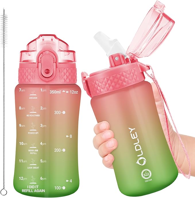 OLDLEY Kids Water Bottle for School, 12 oz, BPA-Free, Reusable, Leak-proof, Durable Tritan Plastic, One-handed Opening, Anti-dust Spout Cover, Sweet Orange