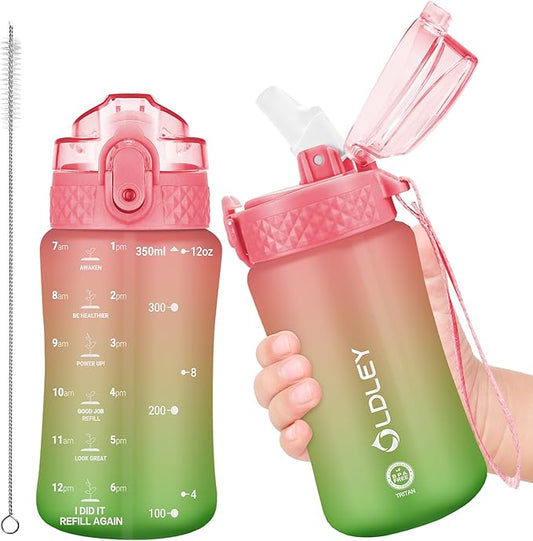 OLDLEY Kids Water Bottle for School, 12 oz, BPA-Free, Reusable, Leak-proof, Durable Tritan Plastic, One-handed Opening, Anti-dust Spout Cover, Sweet Orange