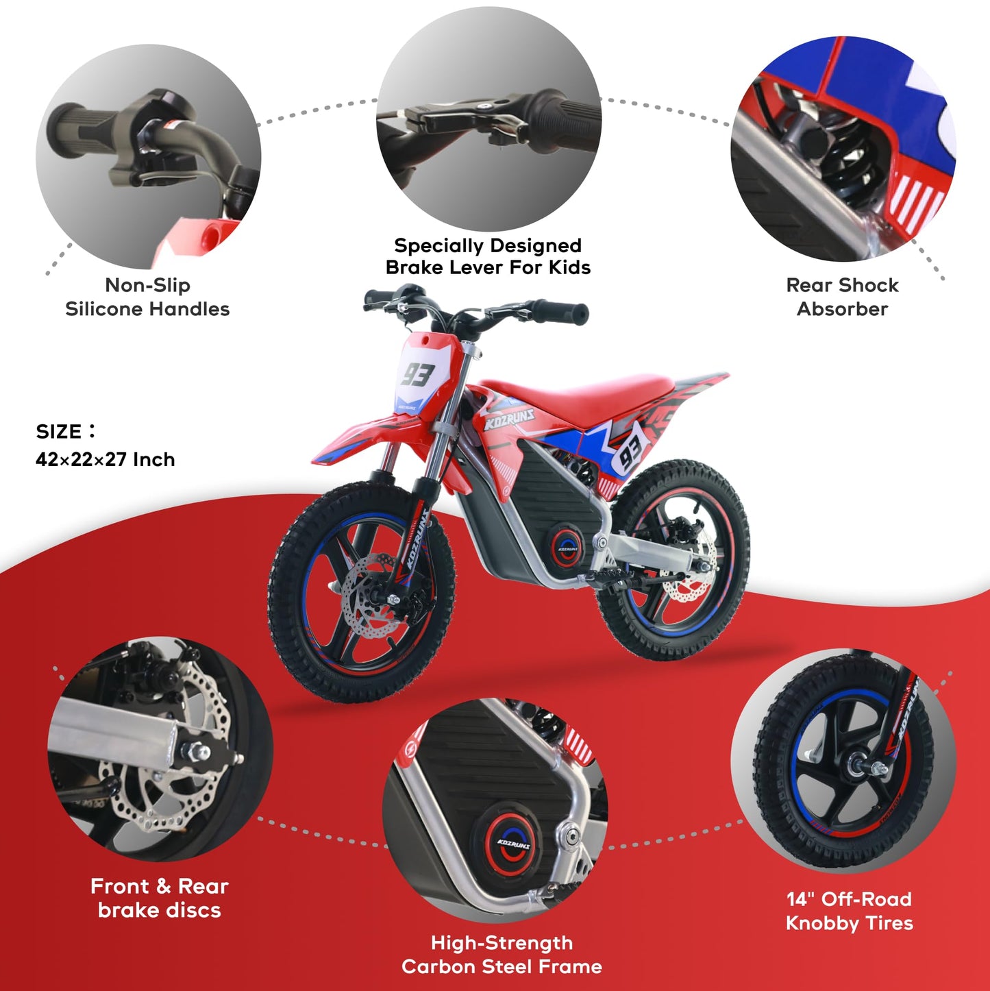 AIII 36V Electric Dirt Bike for Kids 5-10, High Performance 350W Racing Grade Motorcycle, Up to 18.6MPH, 3 Speed Settings, 14-Inch Off-Road Tires, Dual Disc Brakes & Advanced Shock Absorption, Red