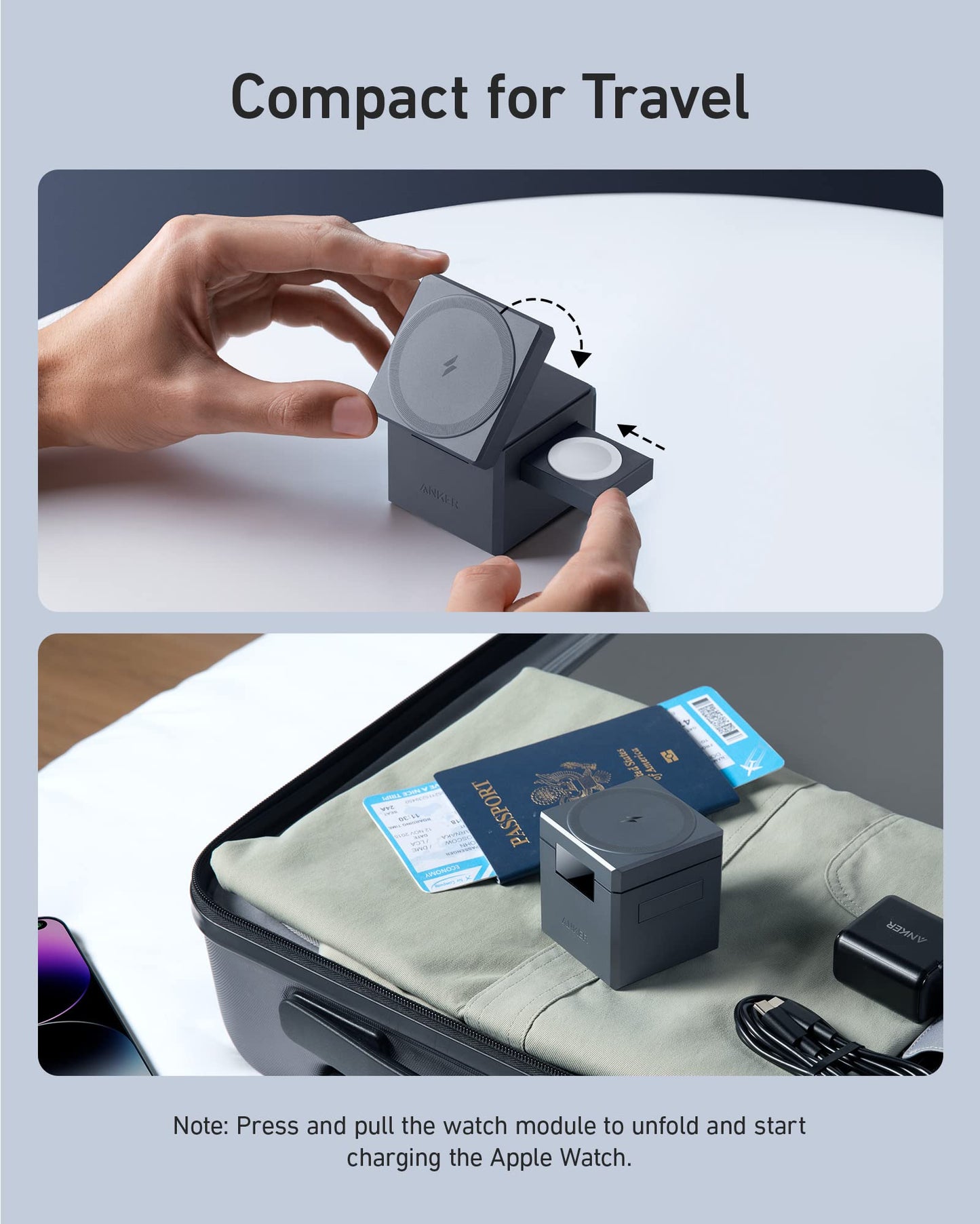 Anker MagSafe Charger Stand, iPhone 16 Wireless Charger, 3-in-1 Cube with MagSafe, 15W Foldable Fast Charging Stand, For iPhone 16/15/14/13, Apple Watch 1-8/Ultra, AirPods (30W USB-C Charger Included)