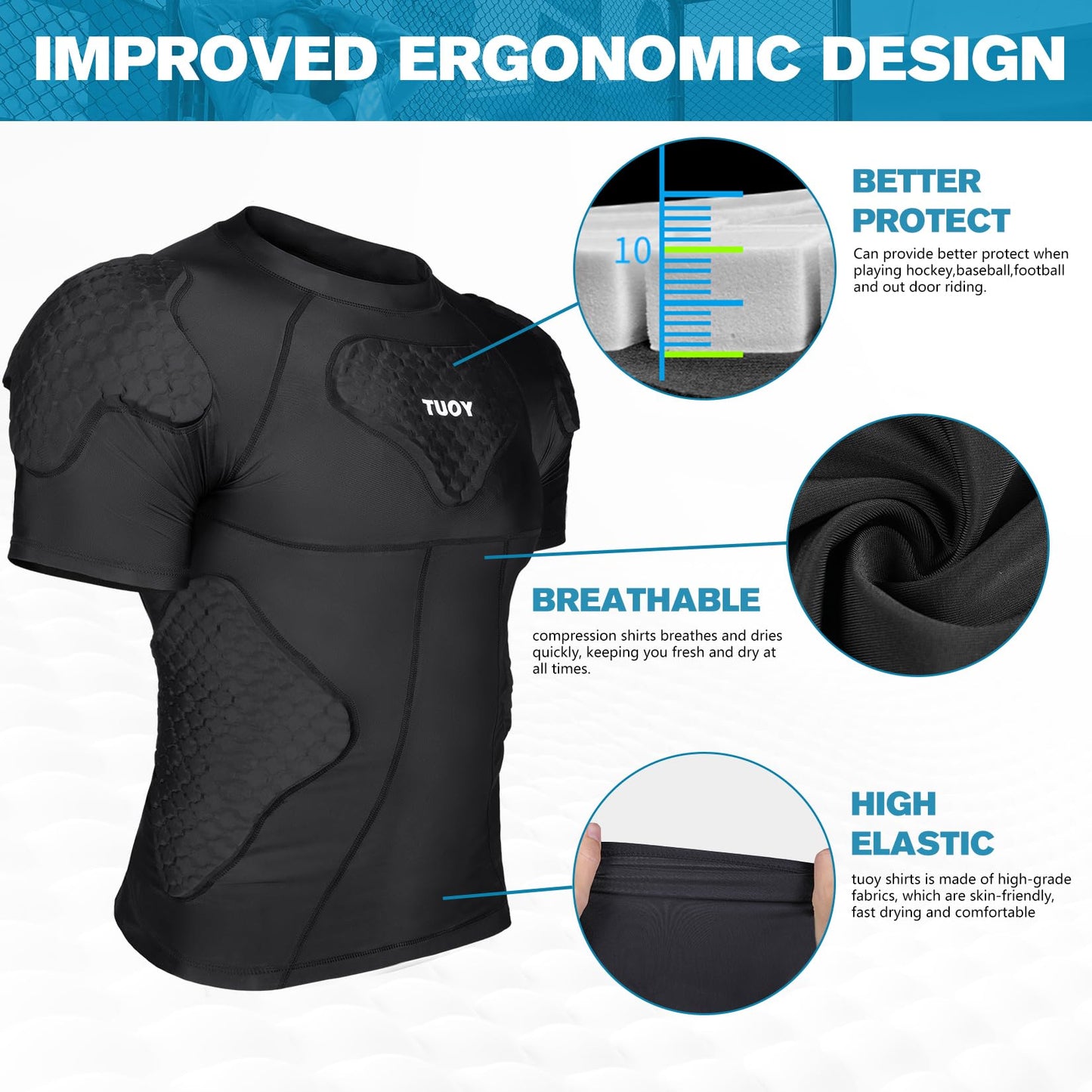Dialudon Men's Padded Compression Shirt Football Rib Protectors for Baseball Football Basketball Paintball Protective Gear Black