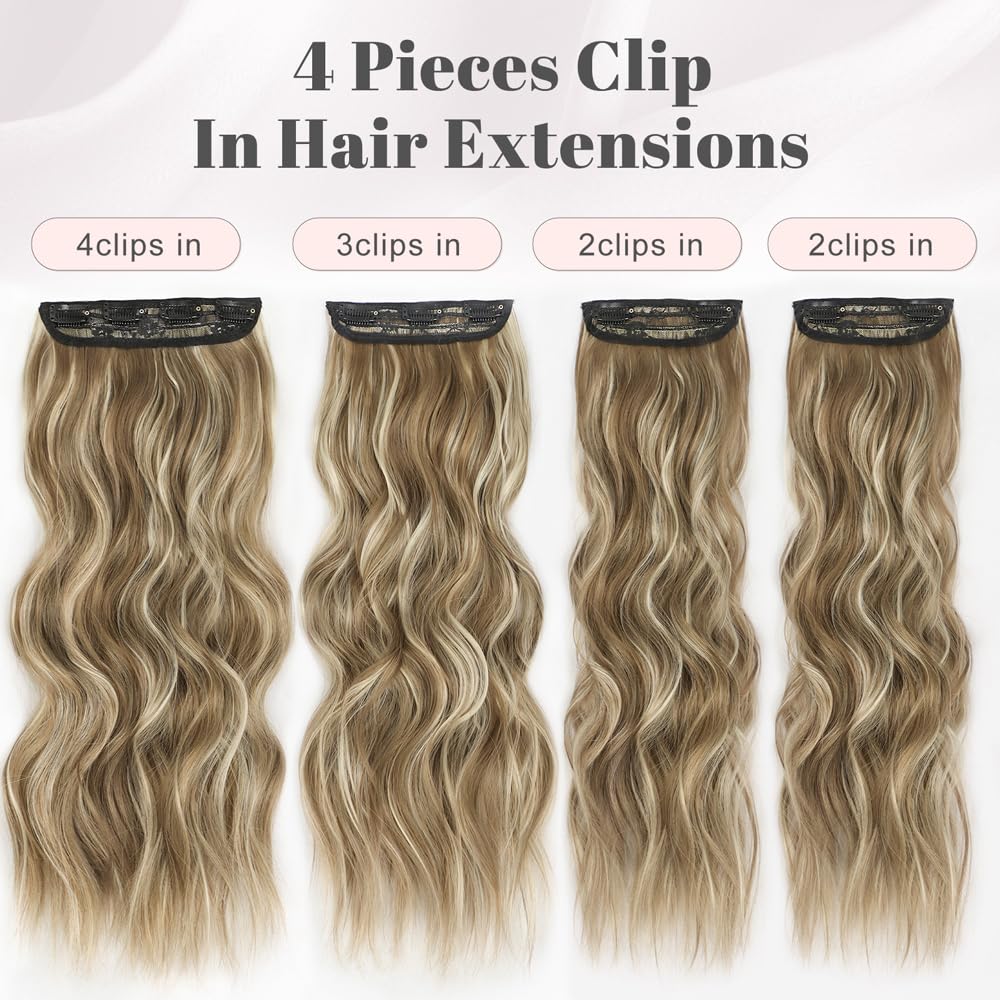 ALXNAN Clip in Hair Extensions for Women,Medium Brown Ash Blonde Long Wavy Hair Extensions Clip Ins 4PCS 20 Inch Synthetic Soft and Natural Thick Hair Pieces for Women
