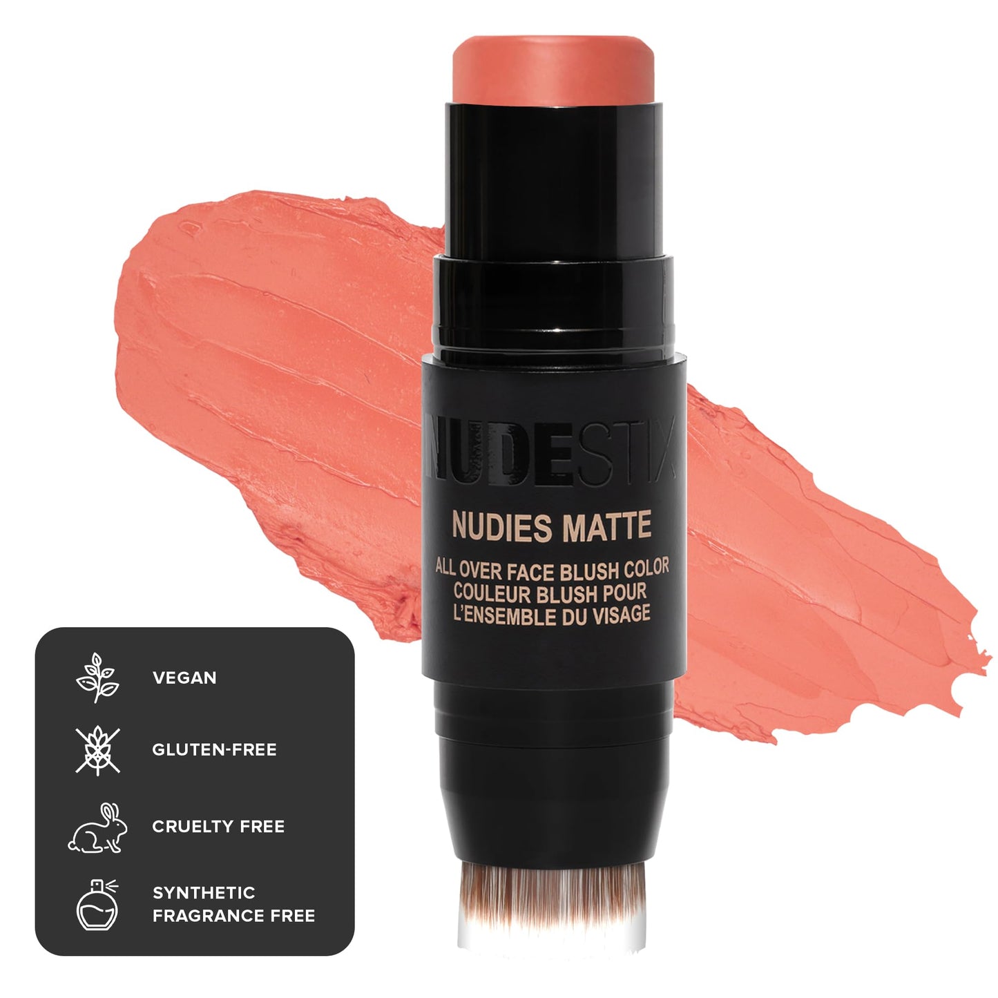 Nudestix Nudies Matte Cream Blush Stick 3-in-1 All Over Face Color - Blush Stick for Cheeks Eyes and Lips - Cream Blush for Cheeks w/Blending Brush (Nude Peach)