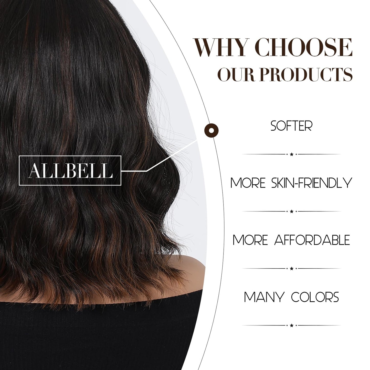 Allbell Black mixed Auburn Wigs for Women Short Wavy Bob Wig with Bangs for Women Synthetic Short Curly Wave Wigs Heat Resistant Fiber Hair Wigs for Daily