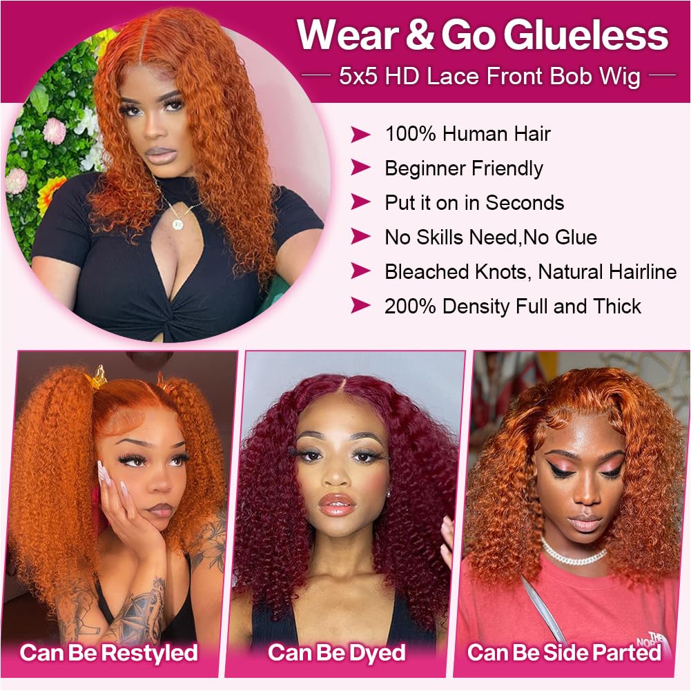 Ailwelia Ginger Deep Wave Wig Human Hair Bob 12Inch Curly Bob Wig 200% Density Ginger Bob Wig Human Hair 5x5 Hd Lace Closure Wigs Human Hair Glueless Wigs For Black Women