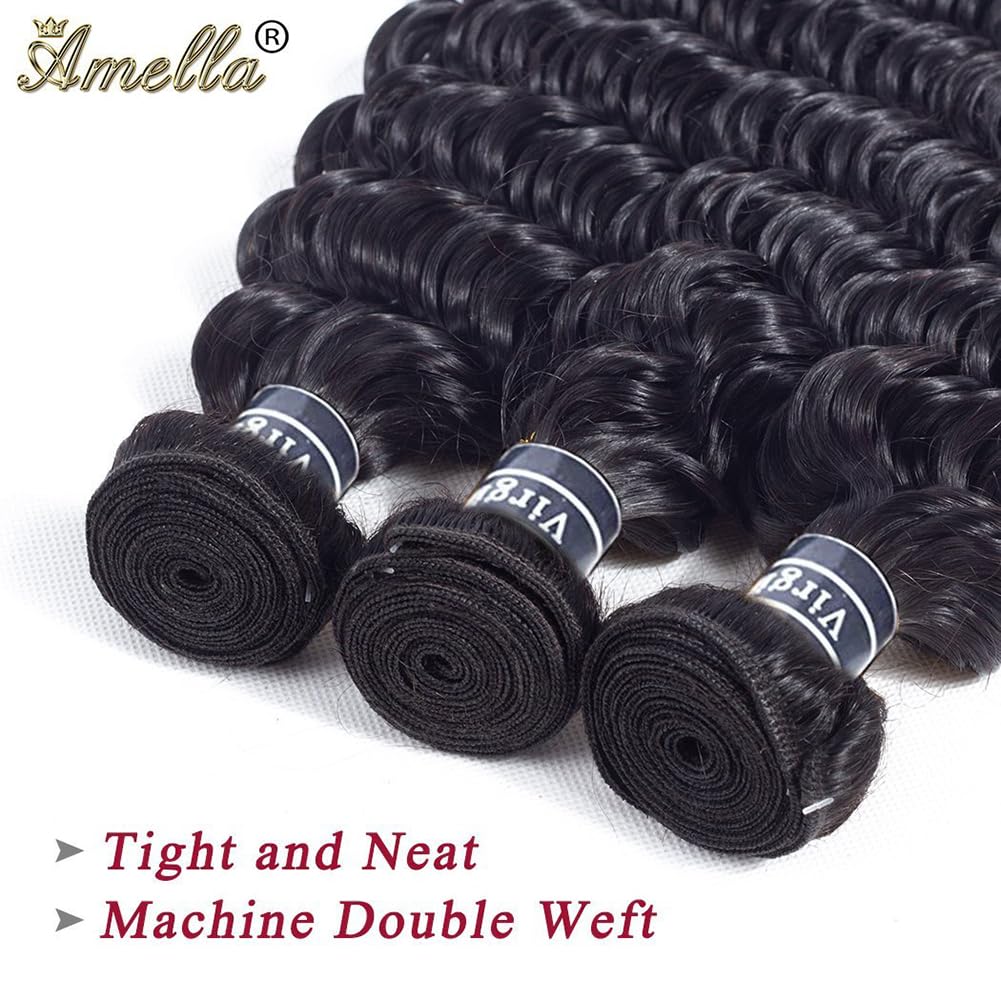 Amella Hair Deep Wave 3 Bundles with Frontal Ear to Ear Lace Frontal Closure with Bundles Brazilian Virgin Hair with Closure Human Hair Extensions (14 16 18+12inch)