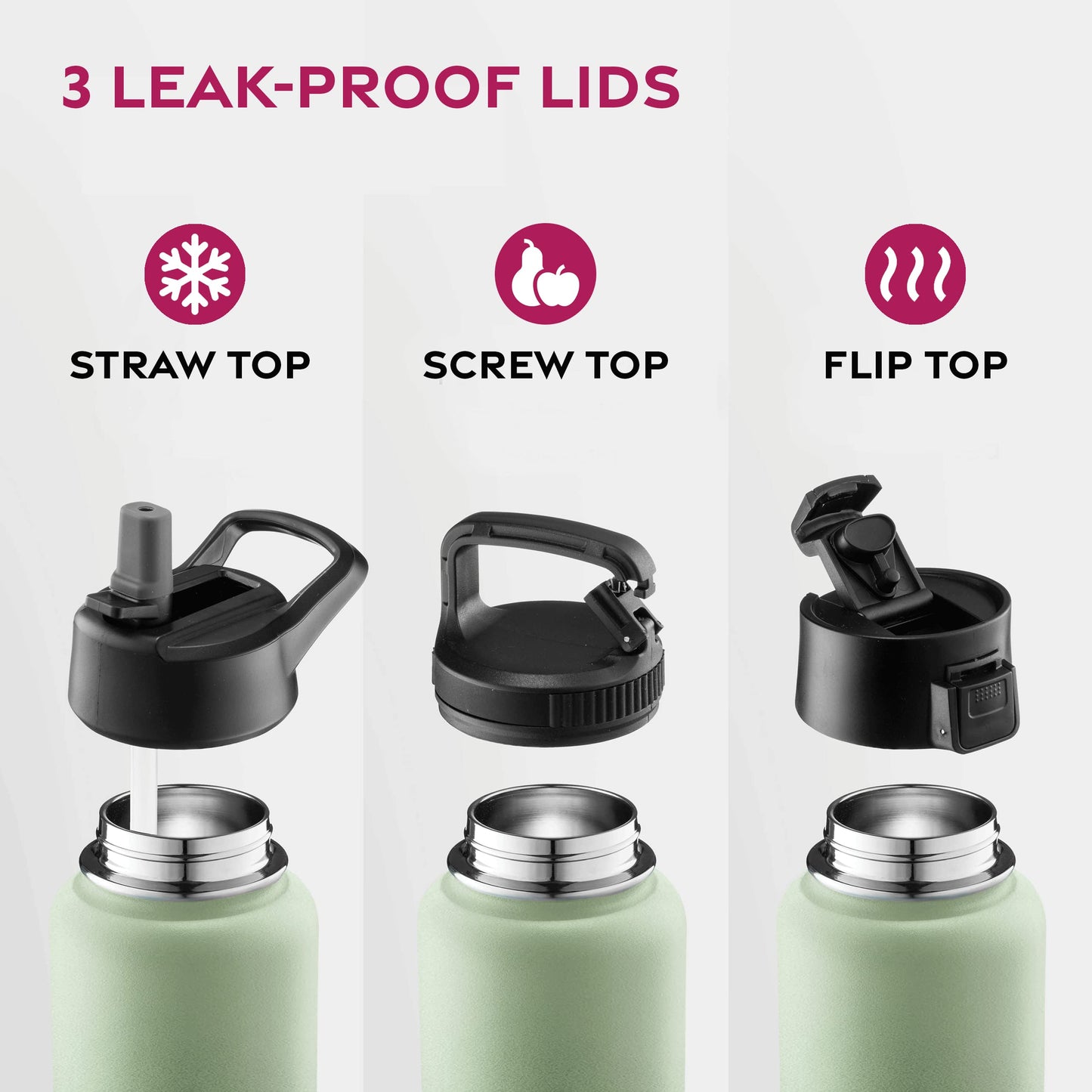 FineDine Triple Walled, Insulated Water Bottles with Straw - 25 Oz Stainless Steel Metal Bottle W/ 3 Leak Proof Lids - For Travel, School, Sports, Gym / Men, Women & Kids - Dreamy Green