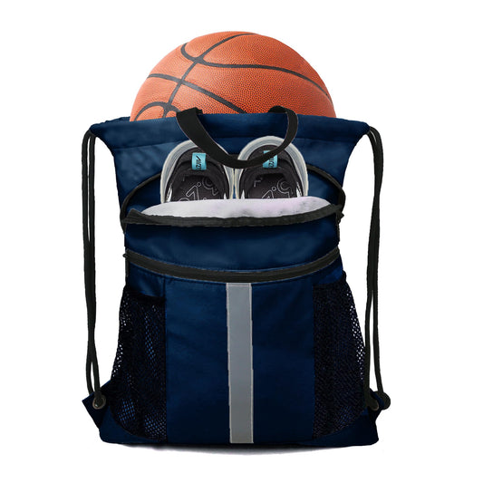BeeGreen Royal Blue Drawstring Backpack Bag with Shoe Compartment X-Large Gym Sports String Cinch Sackpack with Front Inside Zipper Pockets 75D