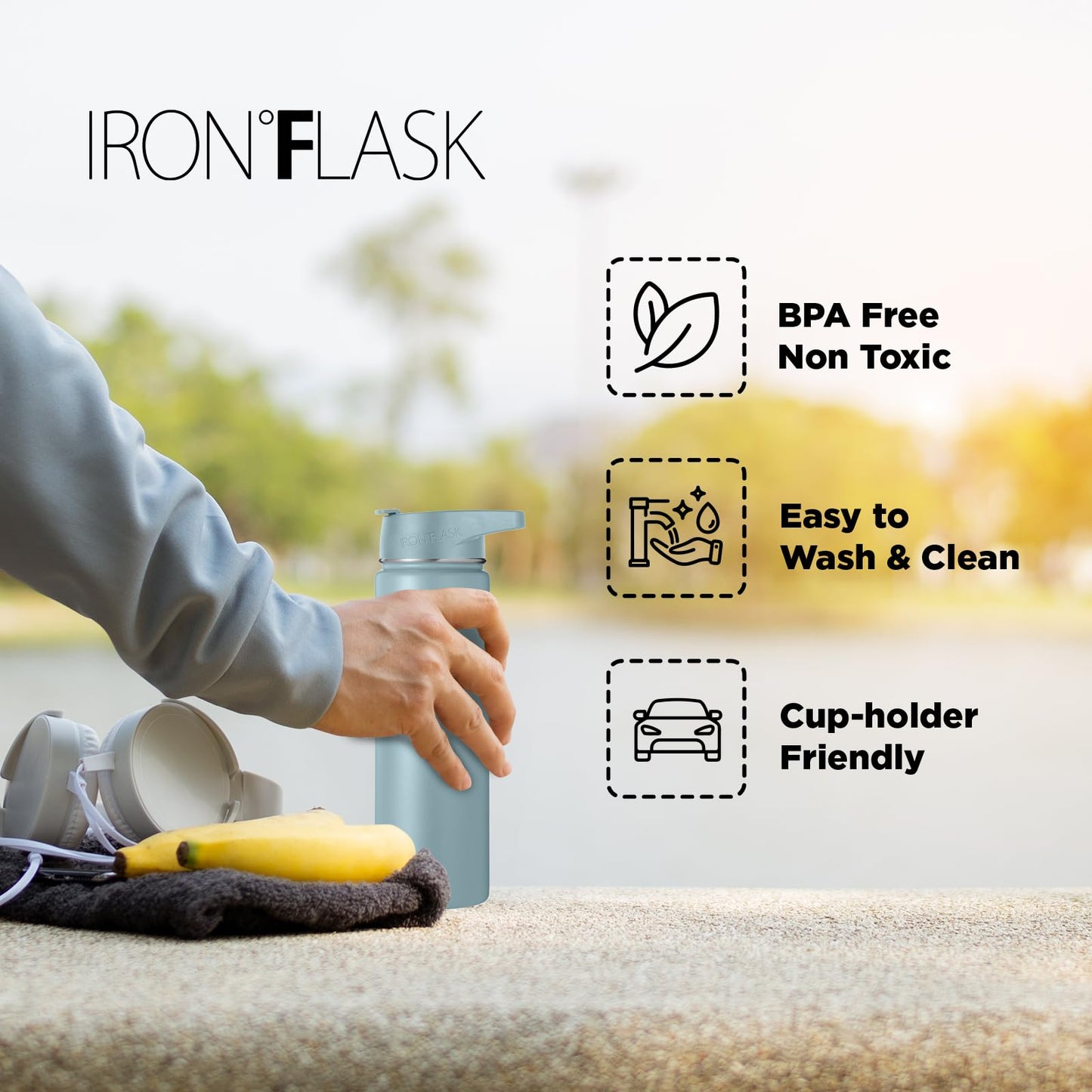 IRON °FLASK Camping & Hiking Hydration Flask, Wide Mouth, 3 Straw Lids, Stainless Steel Outdoor Water Bottle, Double Walled, Insulated Thermos, Metal Canteen - Elemental Gray, 22 Oz
