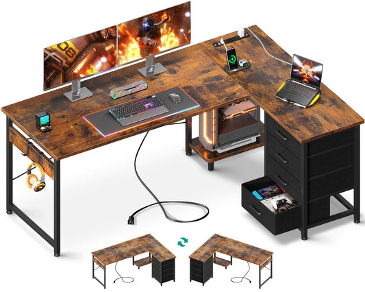 AODK L Shaped Desk with 4 Tier Drawers, 61" Reversible Gaming Desk with Power Outlets, L Shaped Computer Table with USB Charging Port and Host Stand, Home Office Table, Easy to Assemble, Vintage