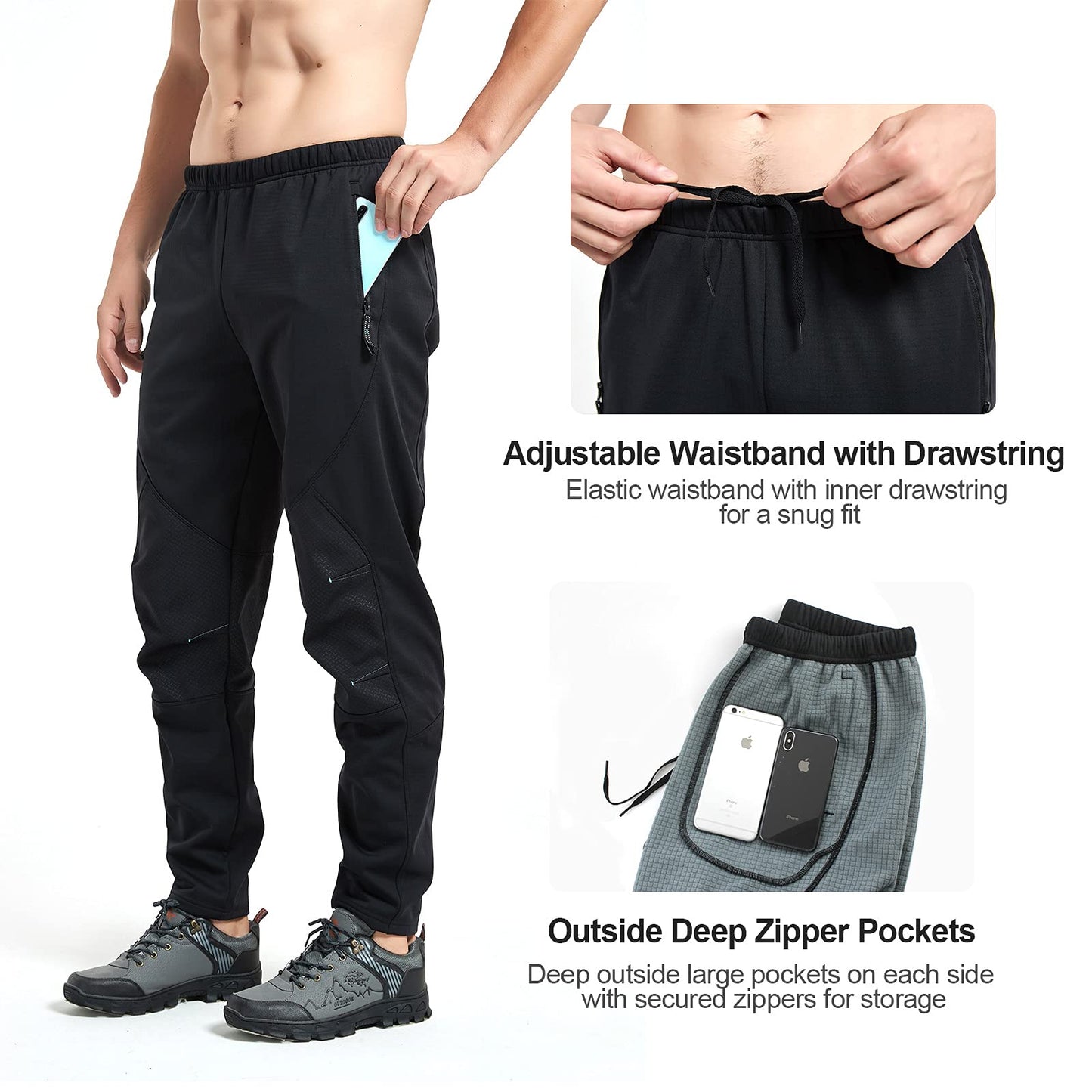 STRETCHUP Men's Winter Outdoor Waterproof Hiking Mountain Bike Pants,Mens Fleece Lined Thermal Cycling Running Pants (Black, XXL)