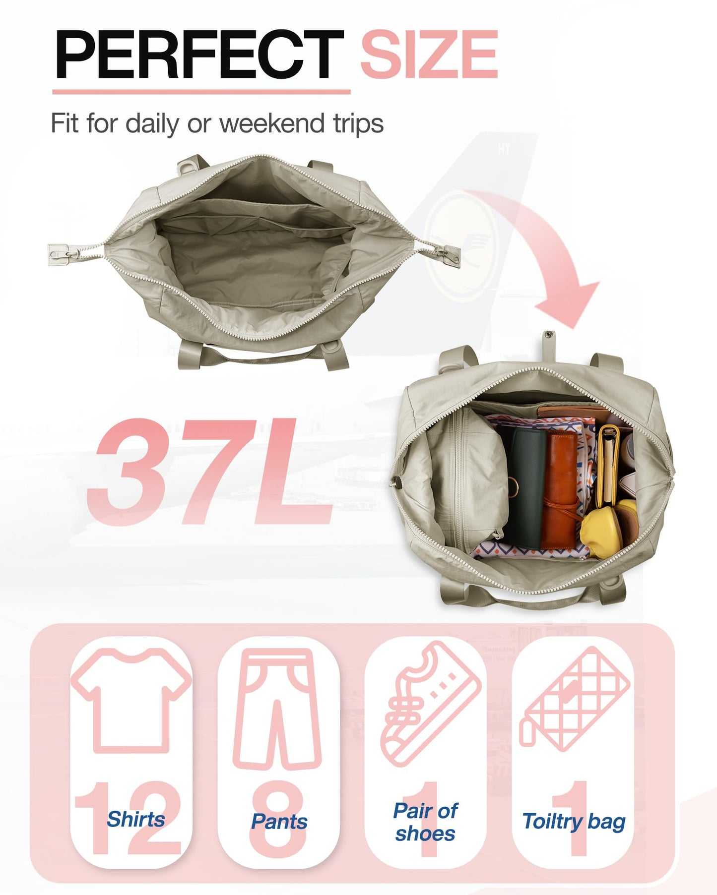 Weekender Bags for Women, BAGSMART Travel Duffel Bags with Shoe Compartment,Personal Item Travel Bag for Airlines, Carry on Overnight Tote Bag with Toiletry Bag (Beige)