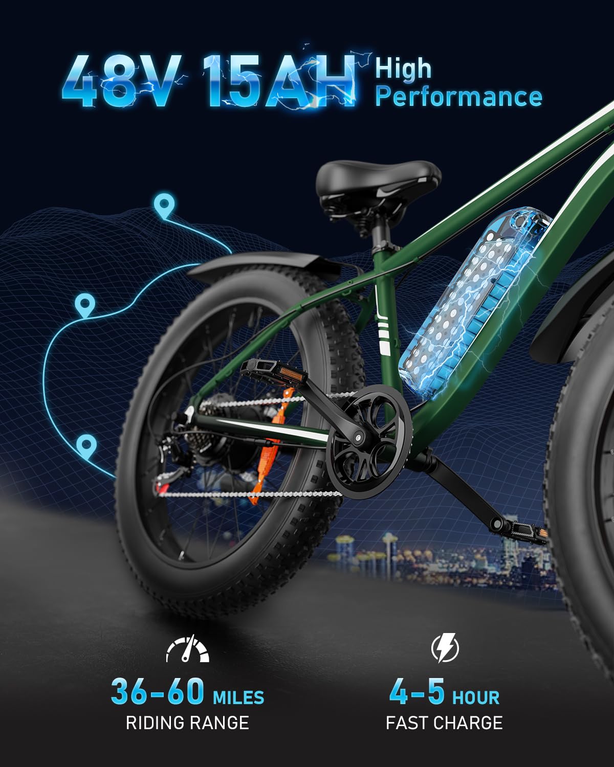 AMYET EB26 Electric Bike for Adults Peak 1500W Electric Bicycle 48V 15AH (720WH) Battery Electric Bike 26" Fat Tire Mountain 28mph 7 Speed Gears Dual Shock Absorber Front Fork Ebike (Green)