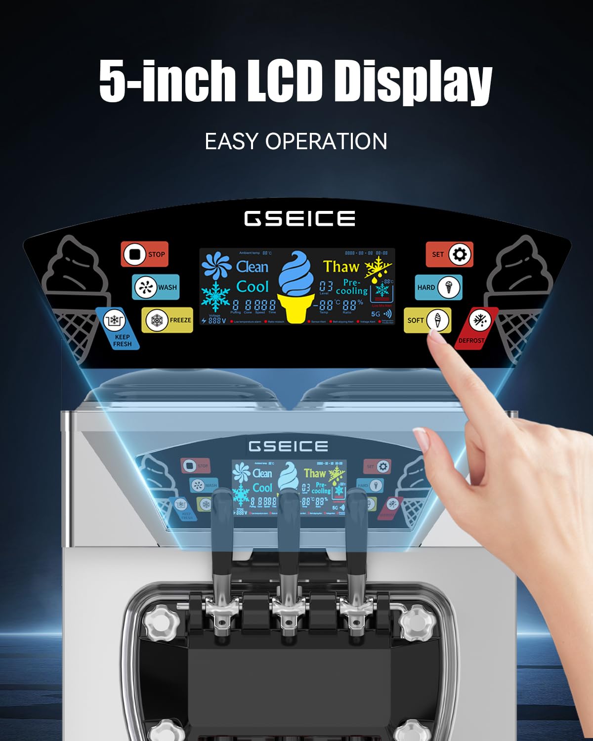 GSEICE Commercial Ice Cream Machine, 5.8–7.4 Gal/H, 2+1 Flavors Soft Serve Ice Cream Maker, 2 x 8L Hoppers Pre-Cooling LCD Display for Restaurant Countertop Snack,Ultra-Slim Silver