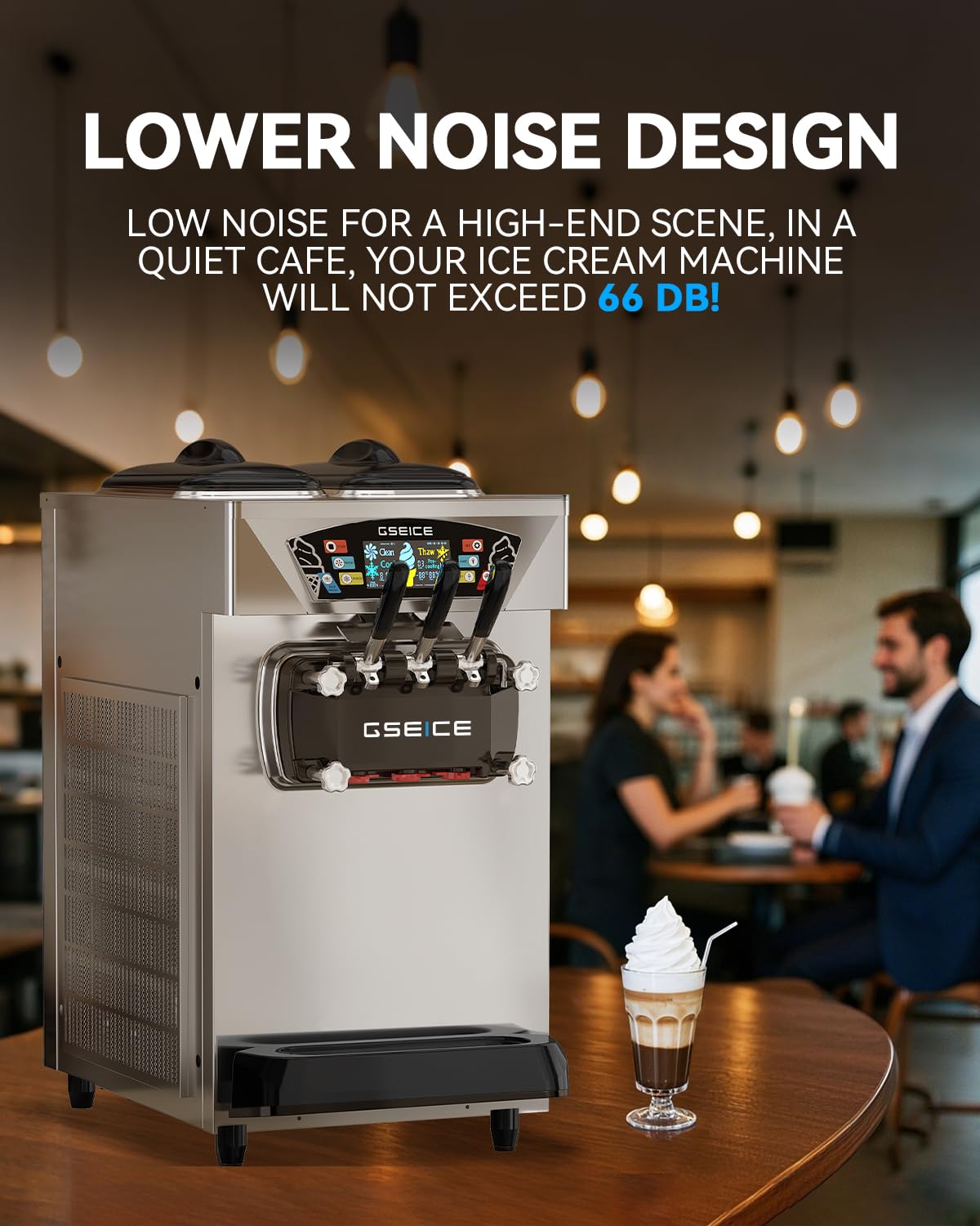 GSEICE Commercial Ice Cream Machine, 5.8–7.4 Gal/H, 2+1 Flavors Soft Serve Ice Cream Maker, 2 x 8L Hoppers Pre-Cooling LCD Display for Restaurant Countertop Snack,Ultra-Slim Silver