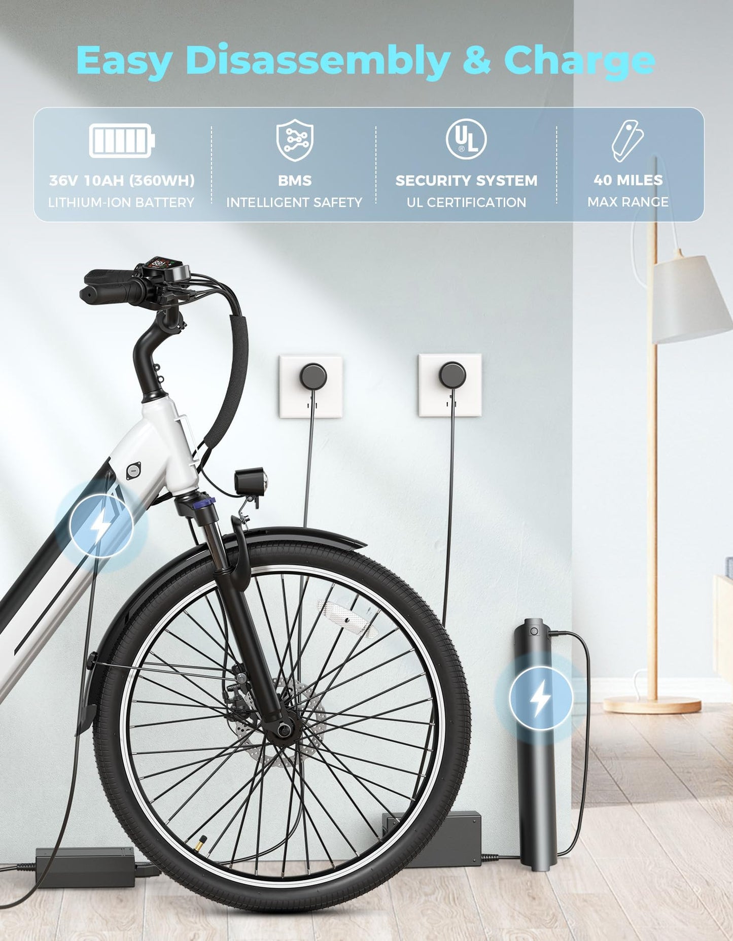 Jasion YC1 ST Electric Bike for Adults, Up to 23Mph, 750W Peak Motor Ebike, Range Up to 40Miles, 360WH Removable Battery, 26" E-Bike with 7 Speeds & Front Suspension for Commuting, Outdoor Leisure