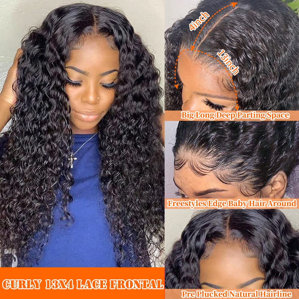 Ainimiu Curly Wave 13x4 Lace Frontal Human Hair Pre Plucked 100% unprocessed Brazilian Virgin Hair Transparent Ear To Ear Lace Frontal Closure With Baby Hair Natural Black 18inch