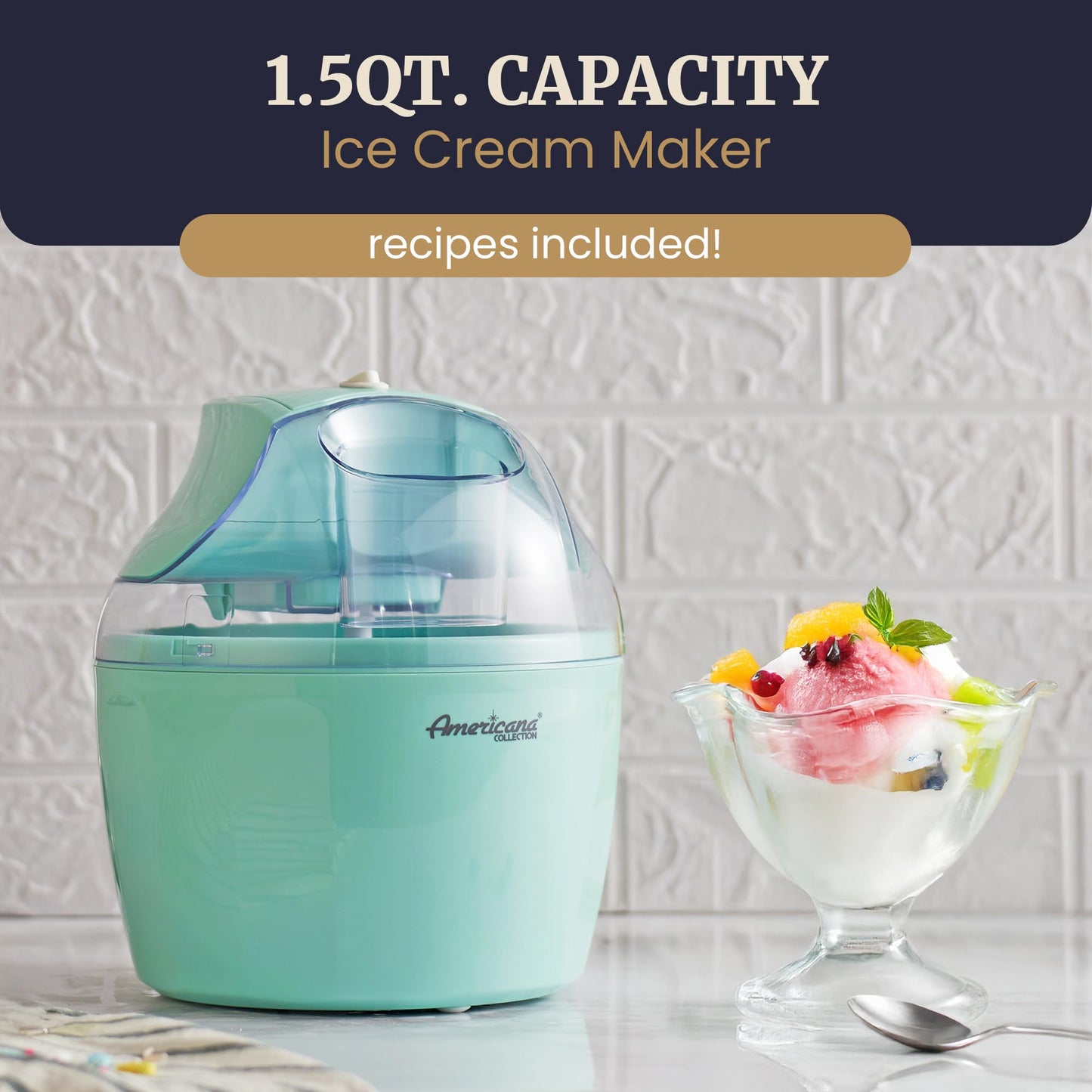 Americana EIM-1400M 1.5 Qt Freezer Bowl Automatic Easy Homemade Electric Ice Cream Maker, Ingredient Chute, On/Off Switch, No Salt Needed, Creamy Ice Cream, Gelato, Frozen Yogurt, Sorbet, Recipe Book
