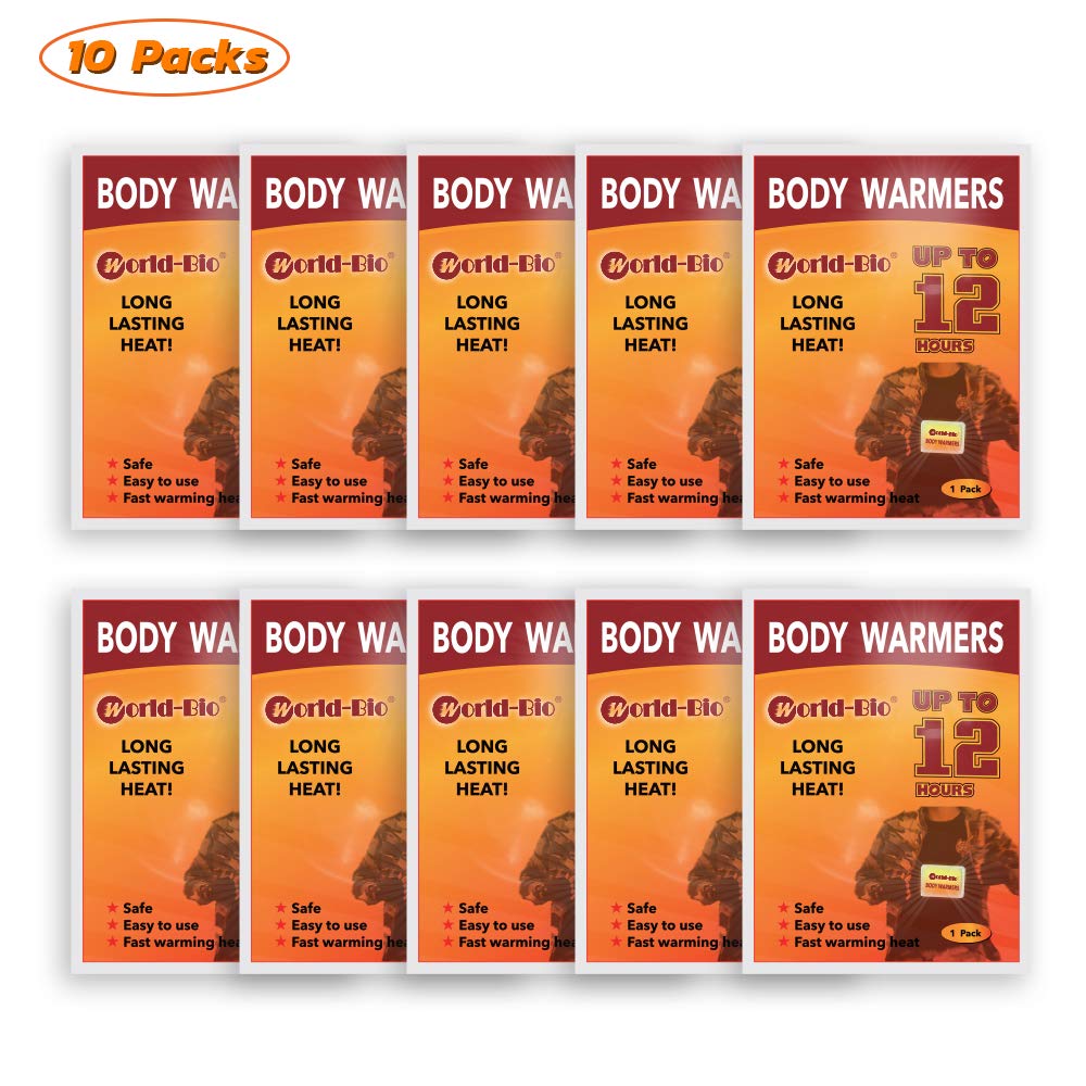WORLD-BIO Body Warmers with Adhesive Backing 10 Packs & 10 Pairs Adhesive Toe Warmers - Long Lasting Safe Natural Odorless Air Activated Heat Pack Gives 8 Hours Warm