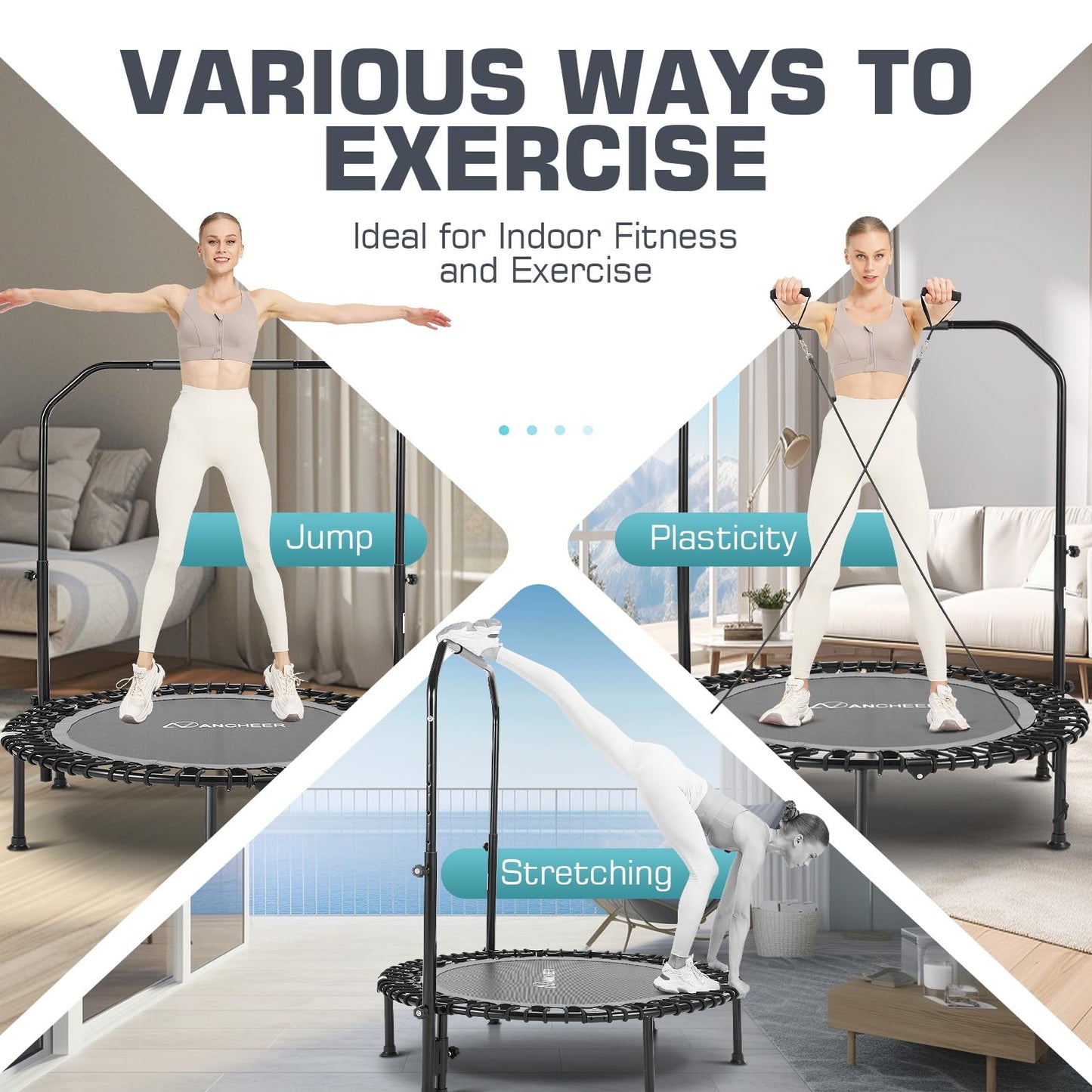 ANCHEER 40" Foldable Mini Trampoline - Max Load 350lbs - 450lbs Indoor Trampoline - with 4 Level Adjustable Foam Handle and Resistance Bands - Adult exercise trampoline for Home,Gym and Garden(Silver)