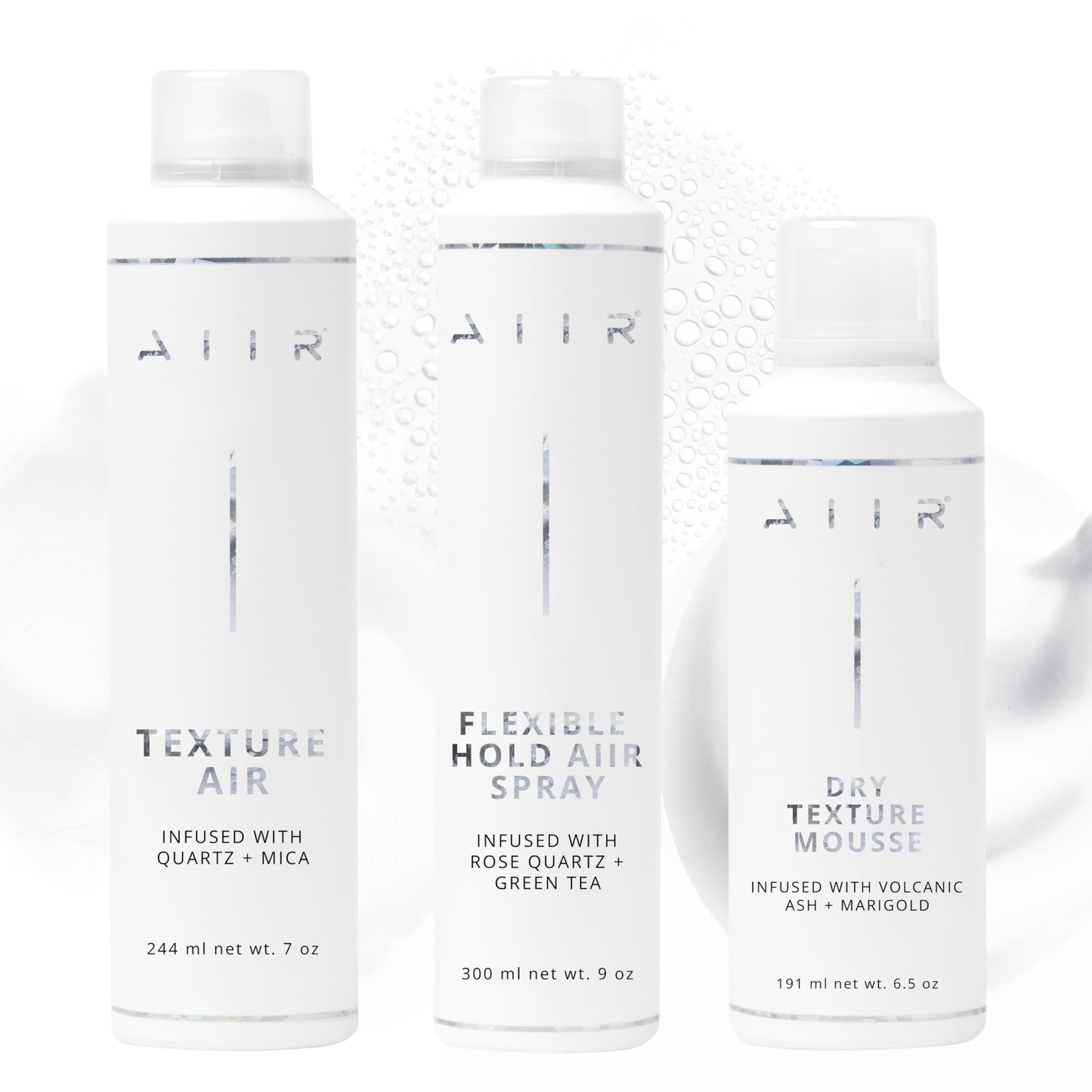 AIIR Styling Bundle, Texture Spray, Flexible Hold Hairspray, & Dry Texture Mousse, Volume & Light Hold For Thin Fine Hair, Soft Texture & Volume, Crystal Infused for Stronger, Healthier & Shinier Hair