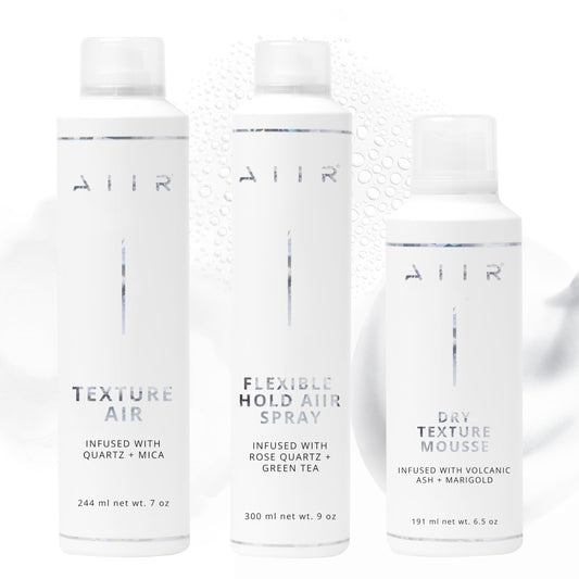 AIIR Styling Bundle, Texture Spray, Flexible Hold Hairspray, & Dry Texture Mousse, Volume & Light Hold For Thin Fine Hair, Soft Texture & Volume, Crystal Infused for Stronger, Healthier & Shinier Hair