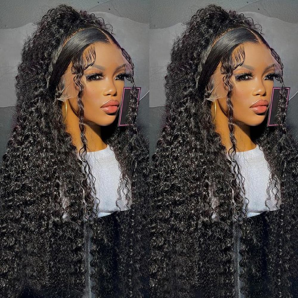 ANDRIA 13x4 HD Lace Front Wigs 28 Inch Black Curly Lace Front Wig with Baby Hair Pre-Plucked Glueless Lace Frontal Wigs Heat Resistant Synthetic Hair 200% Density Natural Color Long Deep Wave Wigs