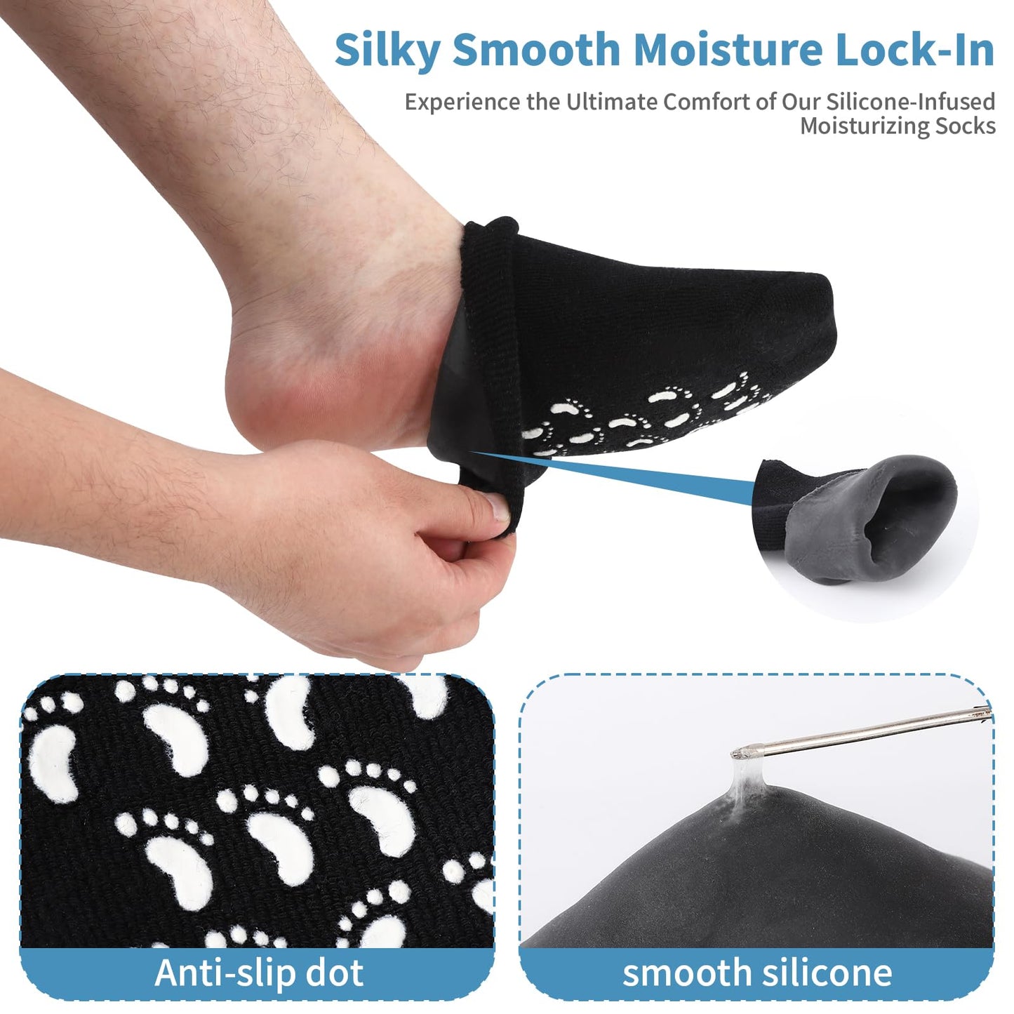 Aluroice Silicone Moisturizing Socks for Men - 2 Pairs Soft Foot Care Socks - Large Size Feet Moisturizing Socks for Dry Cracked Feet (Size M)
