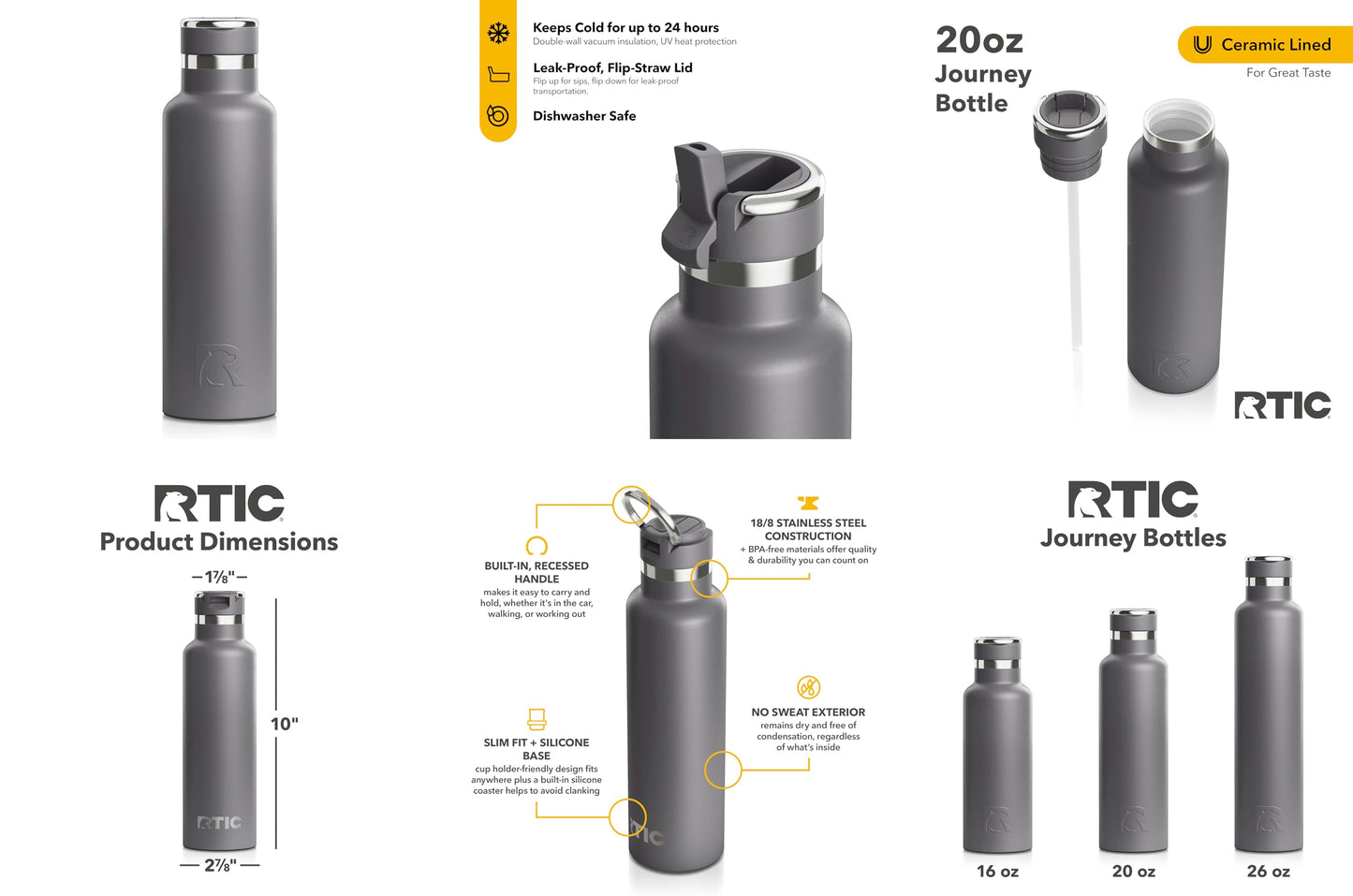 RTIC 20oz Journey Bottle Metal Stainless Steel Vacuum Insulated, BPA Free, Reusable, for Water, Hot and Cold Drinks, Travel, Sports, Camping, Graphite