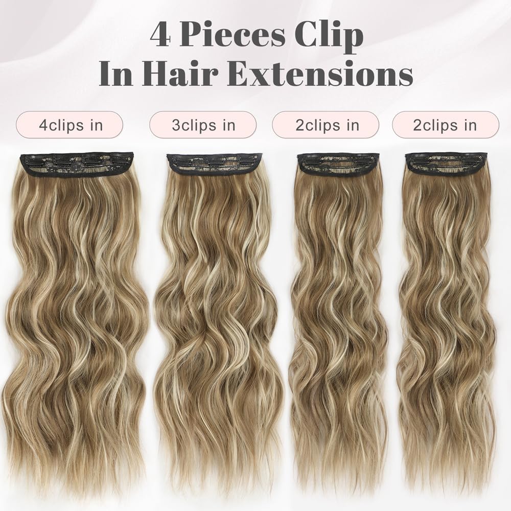 ALXNAN Clip in Long Wavy Synthetic Hair Extension 16 Inch Brown with Blonde Highlights 4PCS Thick Hairpieces Fiber Double Weft Hair for Women