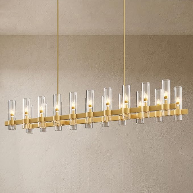 Brass Kitchen Island Lighting-20-Light Linear Chandelier, Adjustable 67.7'' Modern Farmhouse Rectangle Pendant Light Fixtures, Dining Room, Bedroom