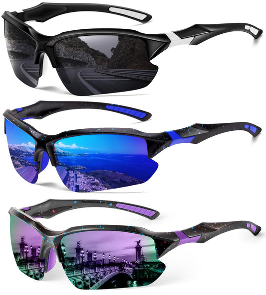 DioKiw 3PACK Sports Polarized Sunglasses for Men Cycling Running Fishing UV400 Protection Sun Glasses Lightweight Half Frame Goggles
