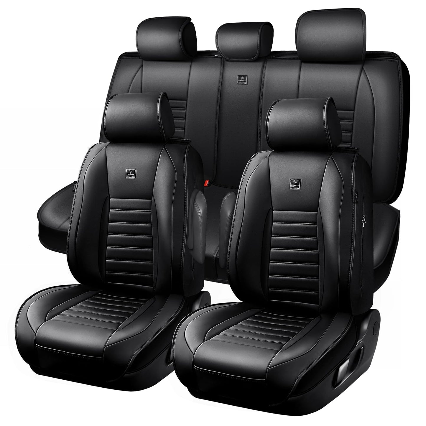 CAR PASS Nappa Leather Car Seat Covers Full Set, Luxury Seat Protector for Cars, Waterproof Anti-Slip Car Seat Cushion Armrest Compatible Airbag Universal for Sedan SUV Pick-up Truck Automotive, Black