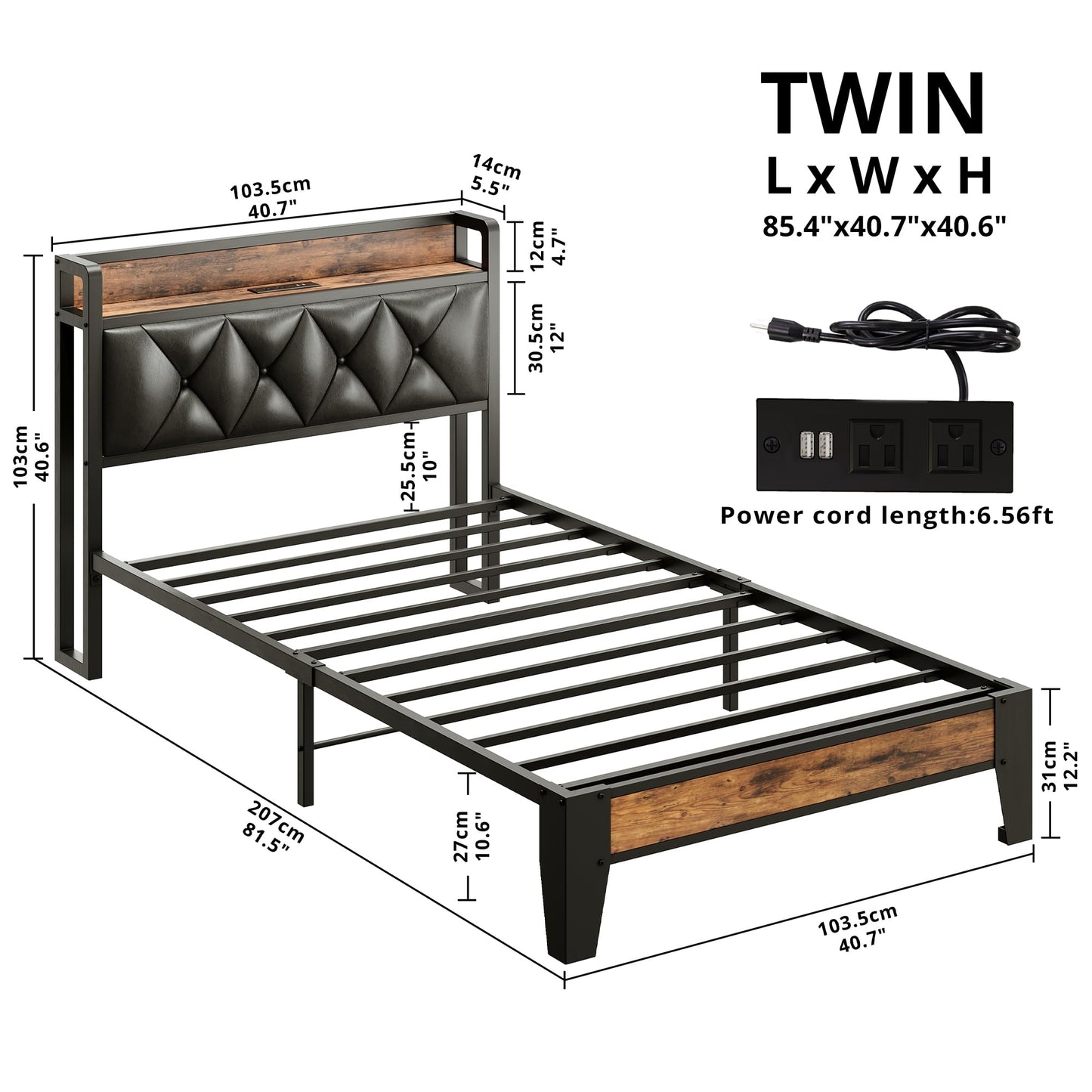 ANCTOR Twin Bed Frames, Storage Headboard with Outlets, Easy to Install, Sturdy and Stable, No Noise, No Box Springs Needed, Rustic Brown and Black