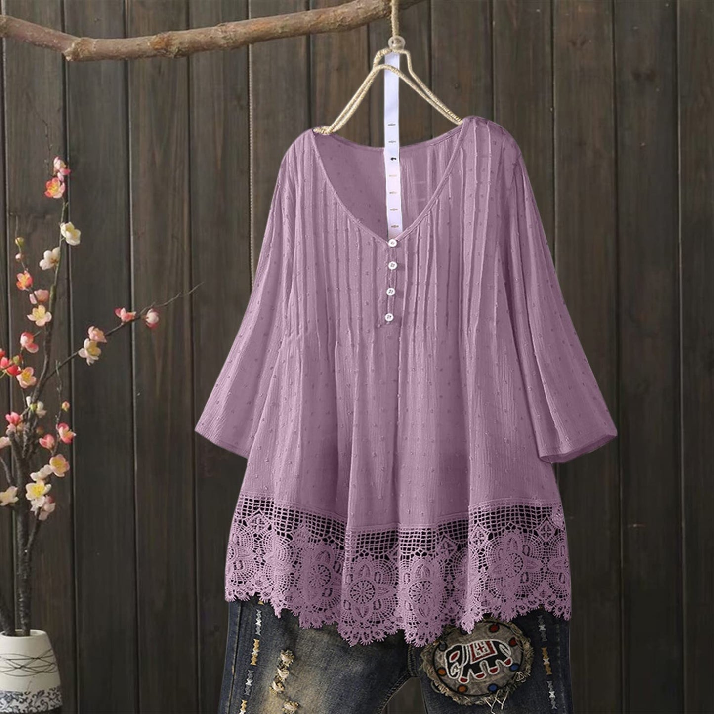 Aniywn Women Round Neck Lace Up Lace Patchwork Flare Pullover Top Casual Plus Size 3/4 Sleeve Floral Printed T-Shirt