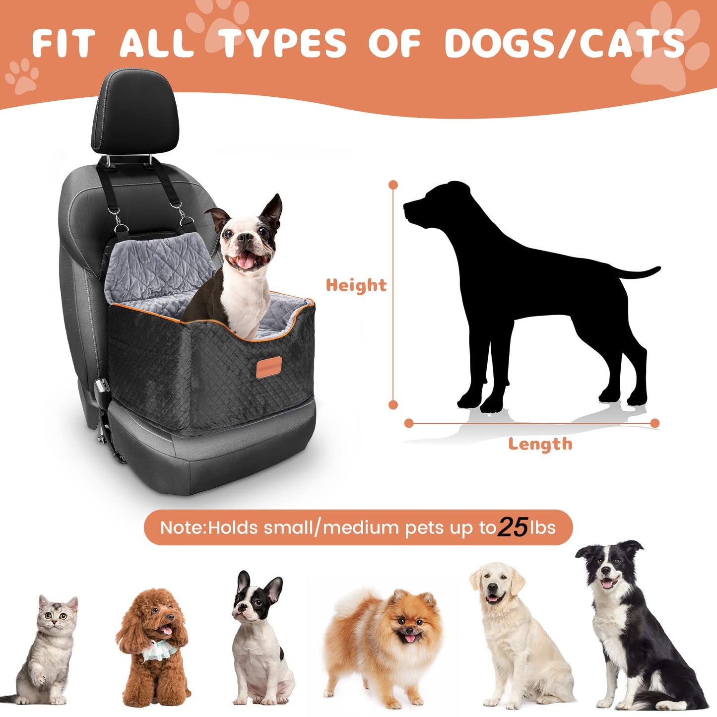 AlfaTok Memory Foam Booster Dog Car Seat with Washable Removable Cover, Elevated Pet Car Seat, Anti-Slip Sturdy Booster Seats for Small Dogs 35lbs, Seat Belt, Storage Pocket, Dog Blankets