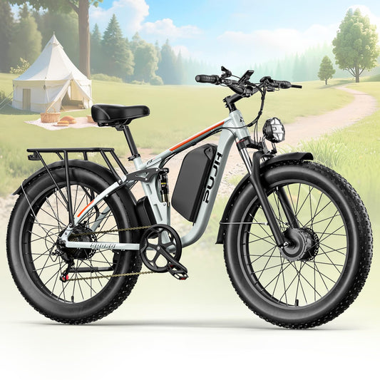 PUJH 3000W Dual Motors Electric Bike for Adults, 52V 25Ah 26" Fat Tire Fast 36 mph up to 100 Miles Full Suspension Hydraulic Brake Class 3 AWD Off Road Mountain Hunting Ebike