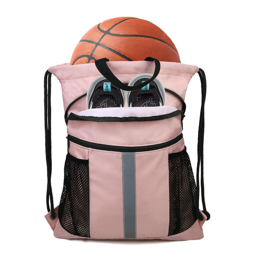 BeeGreen Pink Drawstring Backpack Bag with Shoe Compartment X-Large Gym Sports String Cinch Sackpack with Front Inside Zipper Pockets 75D