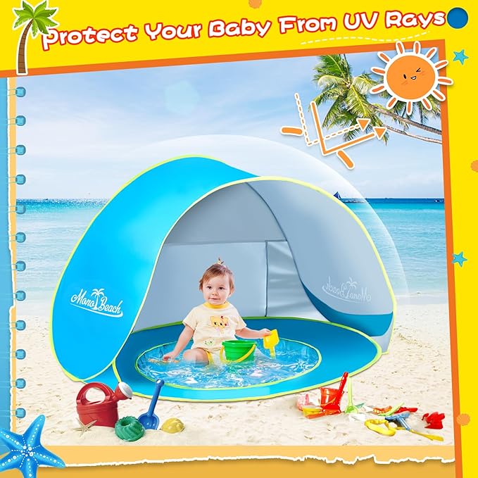 Monobeach Baby Beach Tent with Beach Sand Toys Pop Up Portable Shade Pool UPF50+ UV Protection Sun Shelter for Infant with Easy Set Up Canopy (Blue with Beach Sand Toys)