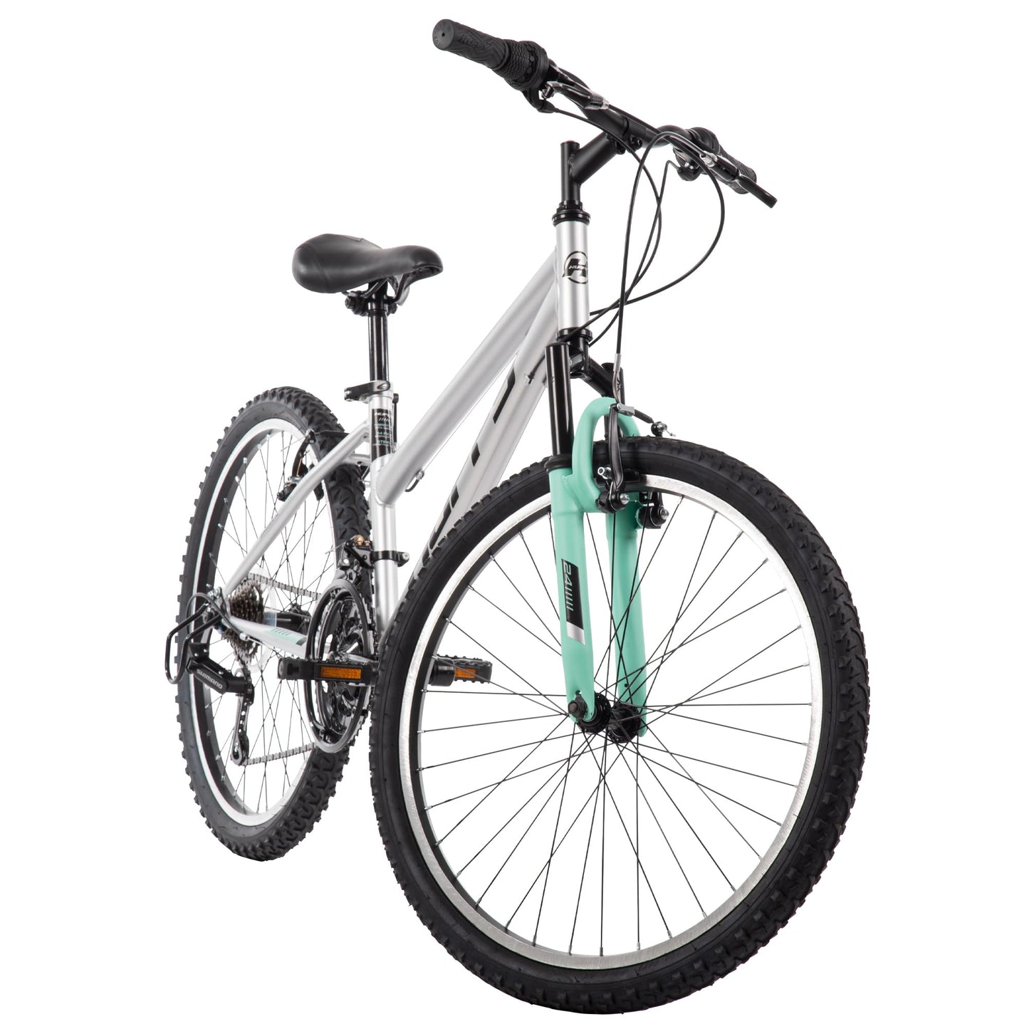Huffy Stone Mountain Womens 24 Inch Mountain Bike, Metallic Nickel Frame, 21-Speed Shimano Twist Shifting, Front Suspension, Comfort Saddle | 20"/24"/26" Sizes, 6-21 Speeds, Dual Suspension Available