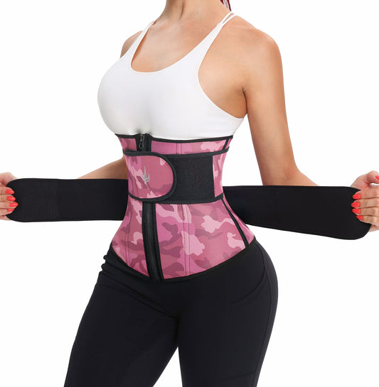 ANGOOL Neopren Waist Trainer For Women,Workout Plus Size Trimmer Belt Sauna Sweat Corset Cincher With Zipper S Pink Camo