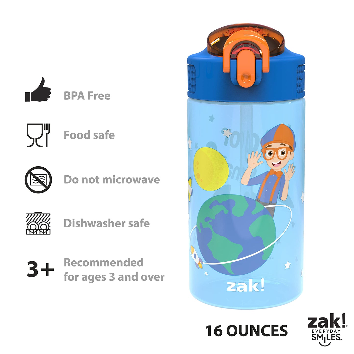 Zak Designs Blippi Kids Water Bottle with Spout Cover and Built-In Carrying Loop, Made of Durable Plastic, Leak-Proof Design for Travel (16 oz, Pack of 2)