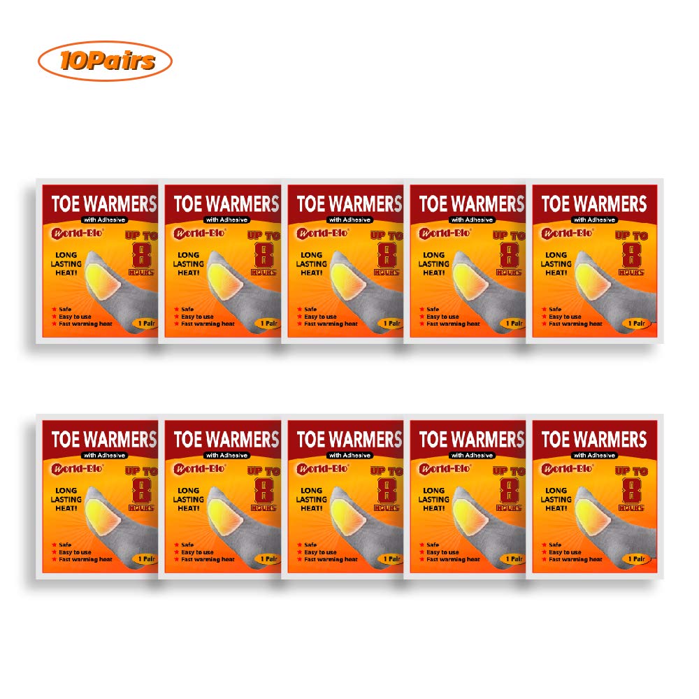 WORLD-BIO Body Warmers with Adhesive Backing 10 Packs & 10 Pairs Adhesive Toe Warmers - Long Lasting Safe Natural Odorless Air Activated Heat Pack Gives 8 Hours Warm