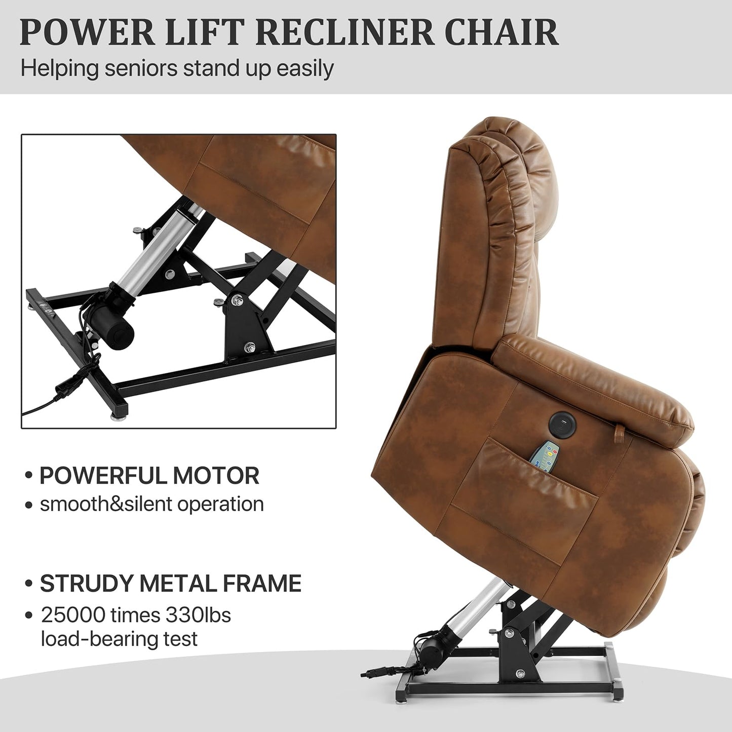 KIMOHOME Dual Motor Large Power Lift Recliner Chair Recliners for Elderly, Infinite Position Recliner Chair with Heat and Massage, Breathable Leather(Ochre)
